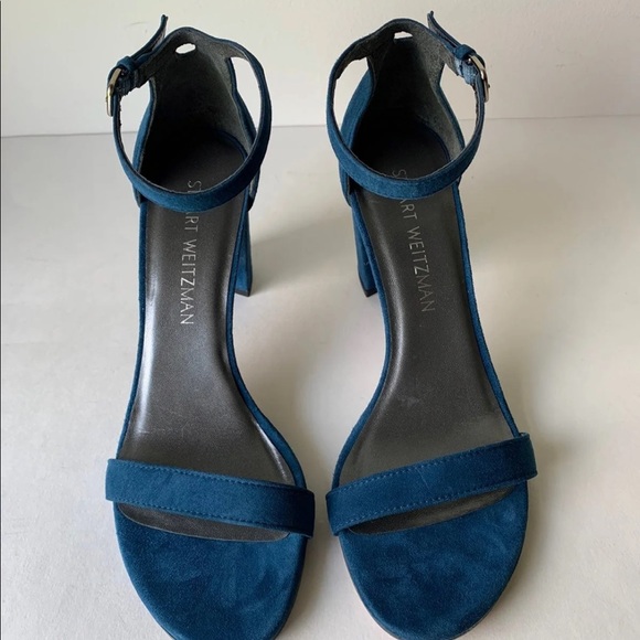 Stuart Weitzman Nearlynude Blue Teal Suede Ankle Strap Block Heel Sandal Size 7 - Picture 3 of 9